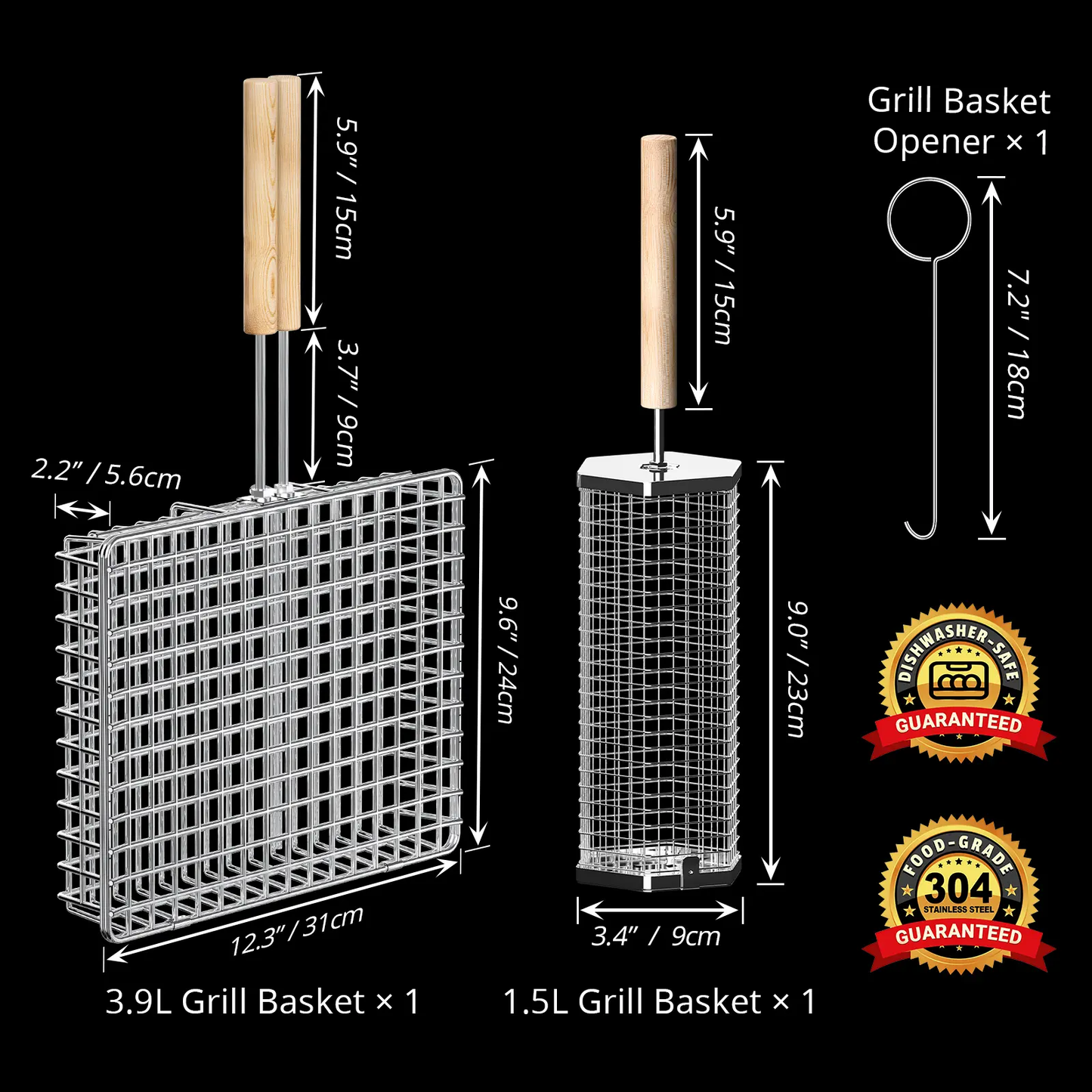 2-Pack BBQ Grill Baskets 304 Stainless Steel with Detachable Wooden Handles for Outdoor Grilling