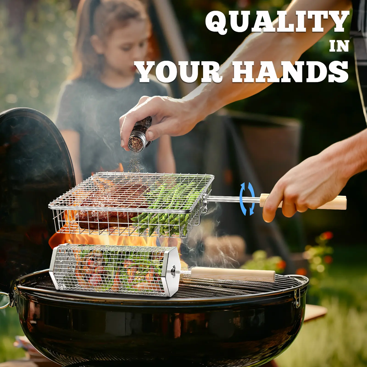 2-Pack BBQ Grill Baskets 304 Stainless Steel with Detachable Wooden Handles for Outdoor Grilling