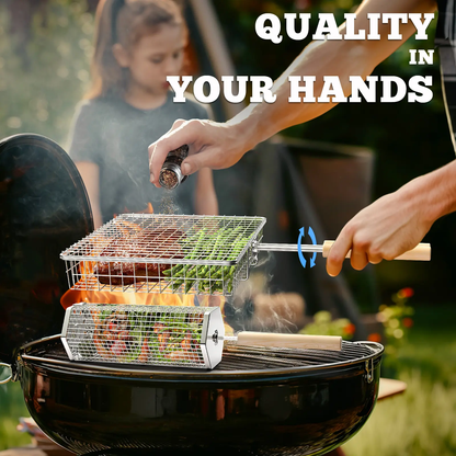2-Pack BBQ Grill Baskets 304 Stainless Steel with Detachable Wooden Handles for Outdoor Grilling