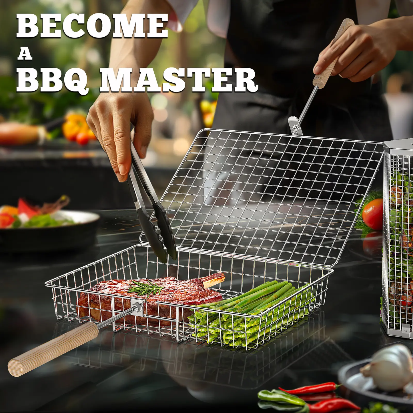 2-Pack BBQ Grill Baskets 304 Stainless Steel with Detachable Wooden Handles for Outdoor Grilling