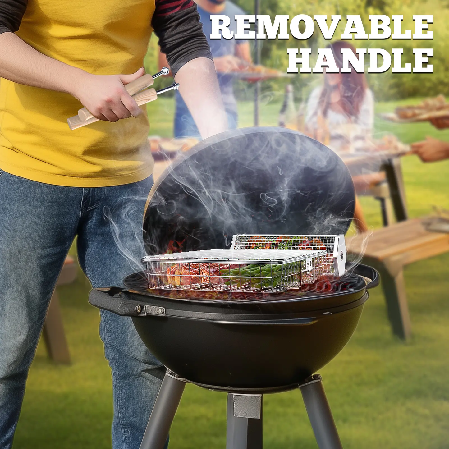 2-Pack BBQ Grill Baskets 304 Stainless Steel with Detachable Wooden Handles for Outdoor Grilling