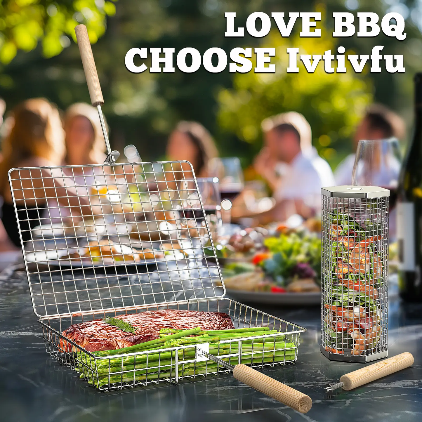 2-Pack BBQ Grill Baskets 304 Stainless Steel with Detachable Wooden Handles for Outdoor Grilling