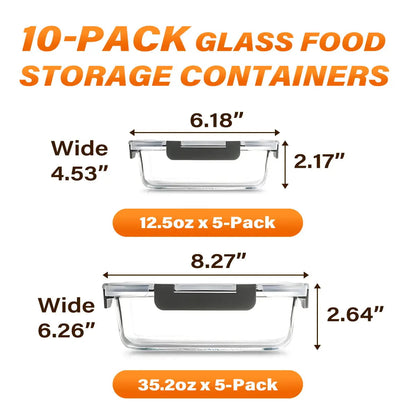 10-Piece Borosilicate Glass Meal Prep Containers with Airtight Locking Lids