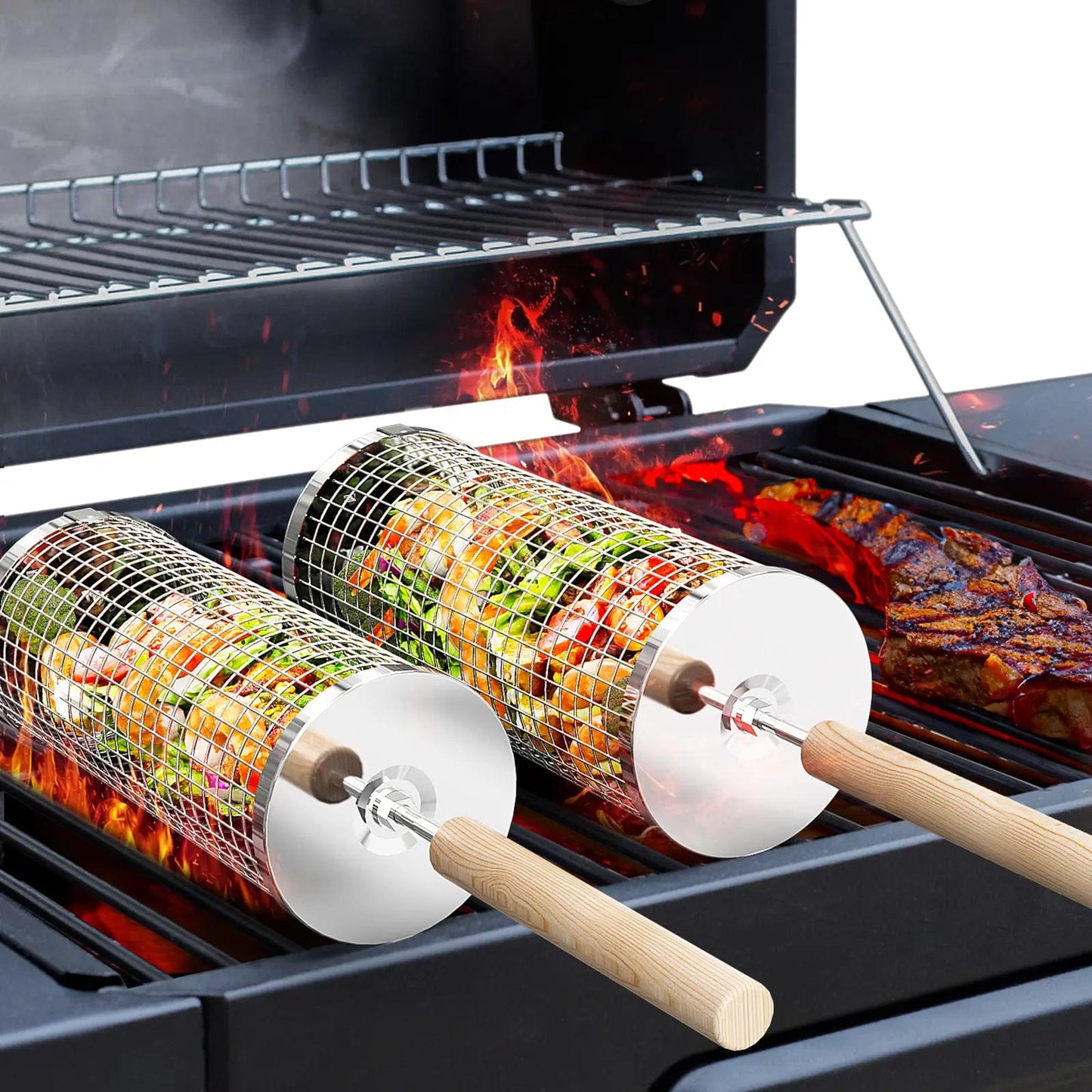 2-Pack BBQ Grill Baskets 304 Stainless Steel with Detachable Wooden Handles for Outdoor Grilling