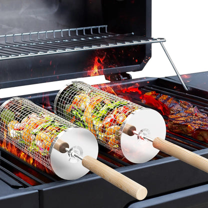 2-Pack BBQ Grill Baskets 304 Stainless Steel with Detachable Wooden Handles for Outdoor Grilling