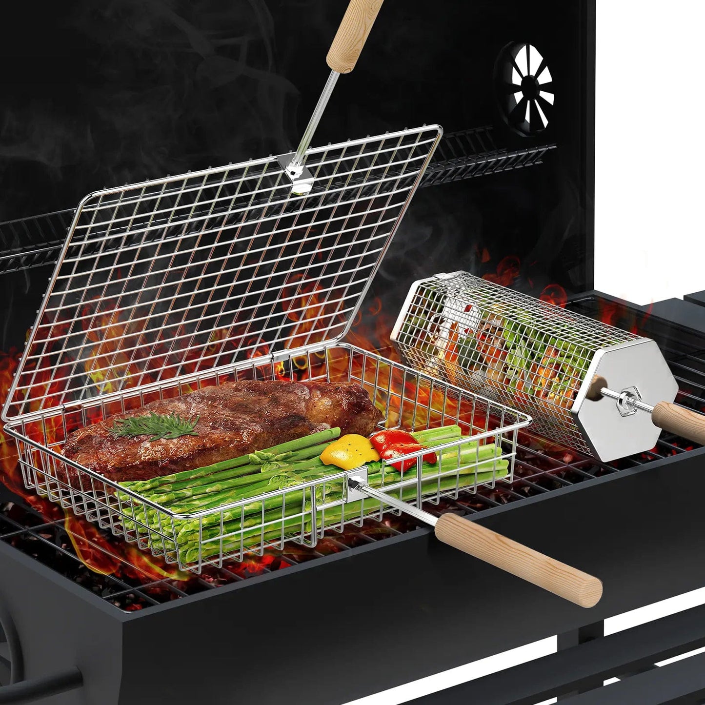 2-Pack BBQ Grill Baskets 304 Stainless Steel with Detachable Wooden Handles for Outdoor Grilling