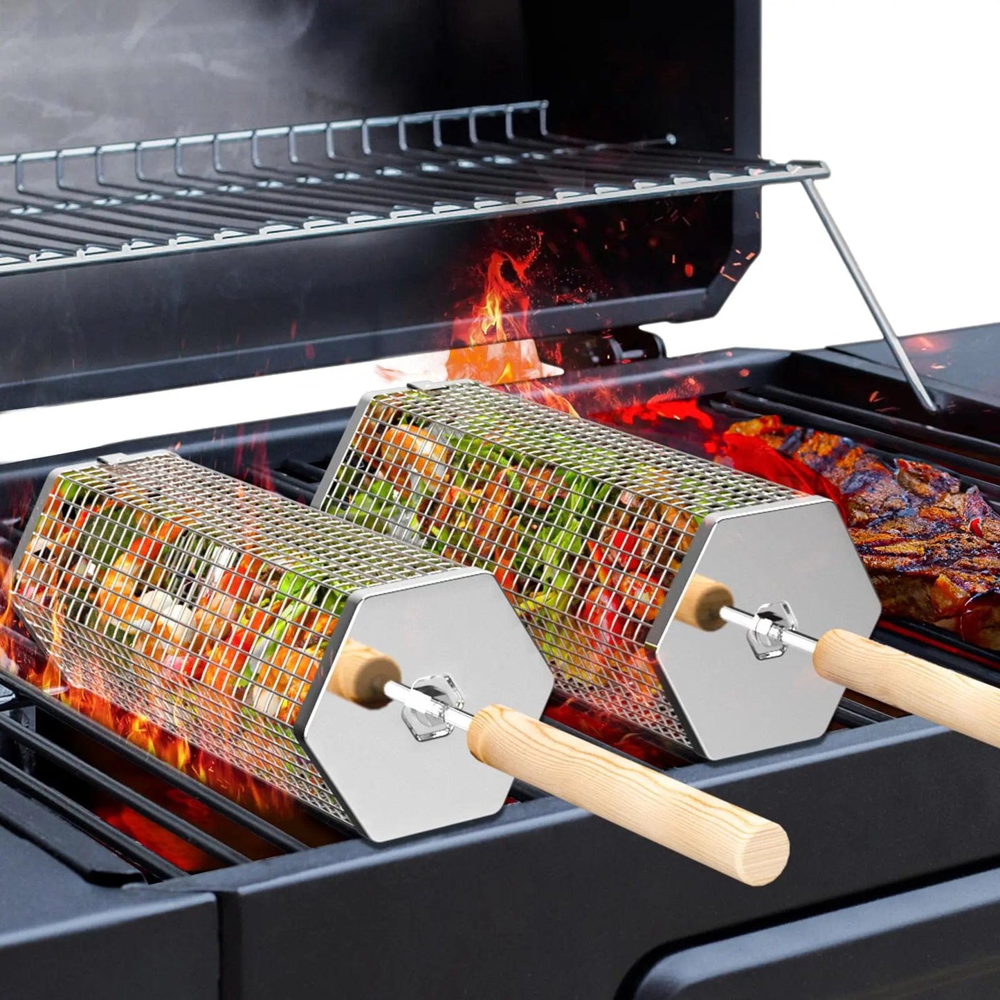 2-Pack BBQ Grill Baskets 304 Stainless Steel with Detachable Wooden Handles for Outdoor Grilling