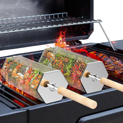 2-Pack BBQ Grill Baskets 304 Stainless Steel with Detachable Wooden Handles for Outdoor Grilling