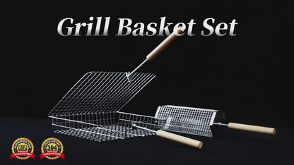 2-Pack BBQ Grill Baskets 304 Stainless Steel with Detachable Wooden Handles for Outdoor Grilling